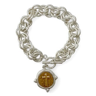 Silver Layered Chain with Gold and Silver Cross Charm 7.5" Bracelet