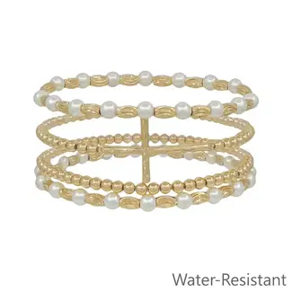 Water Resistant Set of 4 Gold and Pearl Beaded with Thin Cross Stretch Bracelets