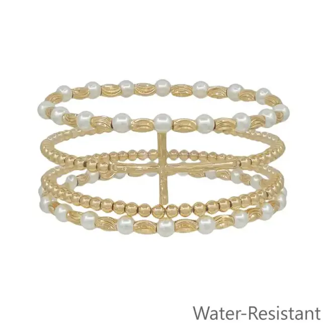 Water Resistant Set of 4 Gold and Pearl Beaded with Thin Cross Stretch Bracelets