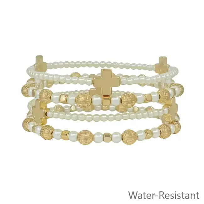 Water Resistant Pearl and Gold Beaded with Cross Set of 4 Stretch Bracelets