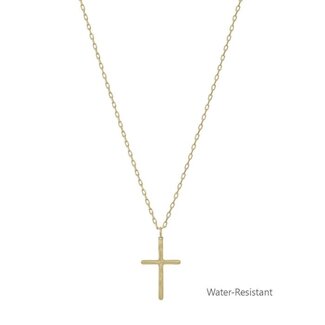 Water Resistant Thin Gold Cross 16"-18" Necklace with Stud Earrings