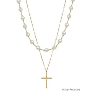Water Resistant Pearl and Cross Layered 16"-18" Necklace and Stud Earrings