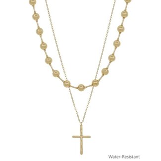 Water Resistant Gold Beaded and Cross Layered 16"-18" Necklace with Stud Earrings