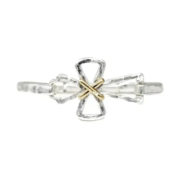 Silver Open Cross with Gold Wired Accents Hinged Bracelet