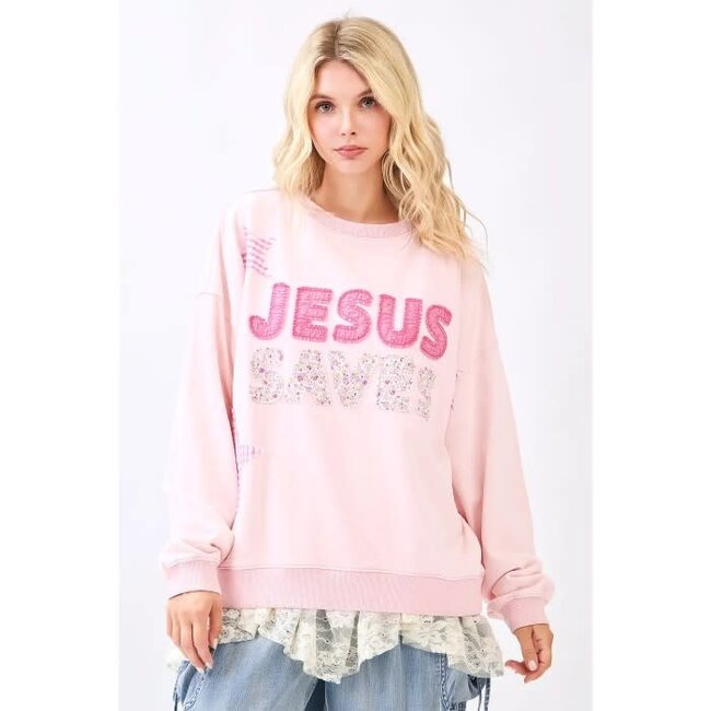 Jesus Saves Patchwork Crew Neck Sweatshirt