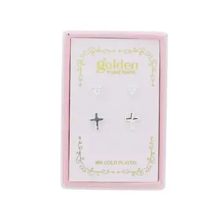 Kids 18K Gold Plated Set of 2 Heart & Silver Cross Stud Earrings