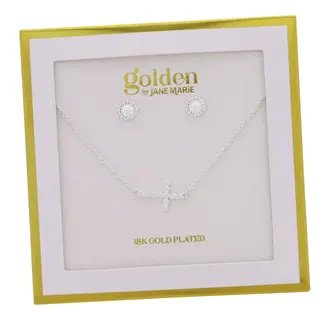 18K Gold Plated Silver Rolo Chain Necklace Circle Crystal Sideways Cross & Coordinating Studs