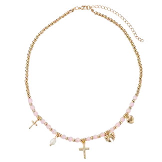 Kids Gold Beaded Necklace with Pink Accent Beads and Gold Cross, Heart, Bow