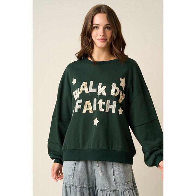 Walk By Faith Patchwork Lettering Sweatshirt