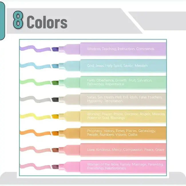 Bible Highlighters 8 Pack, Color Coding, Pastel, Chisel Tip