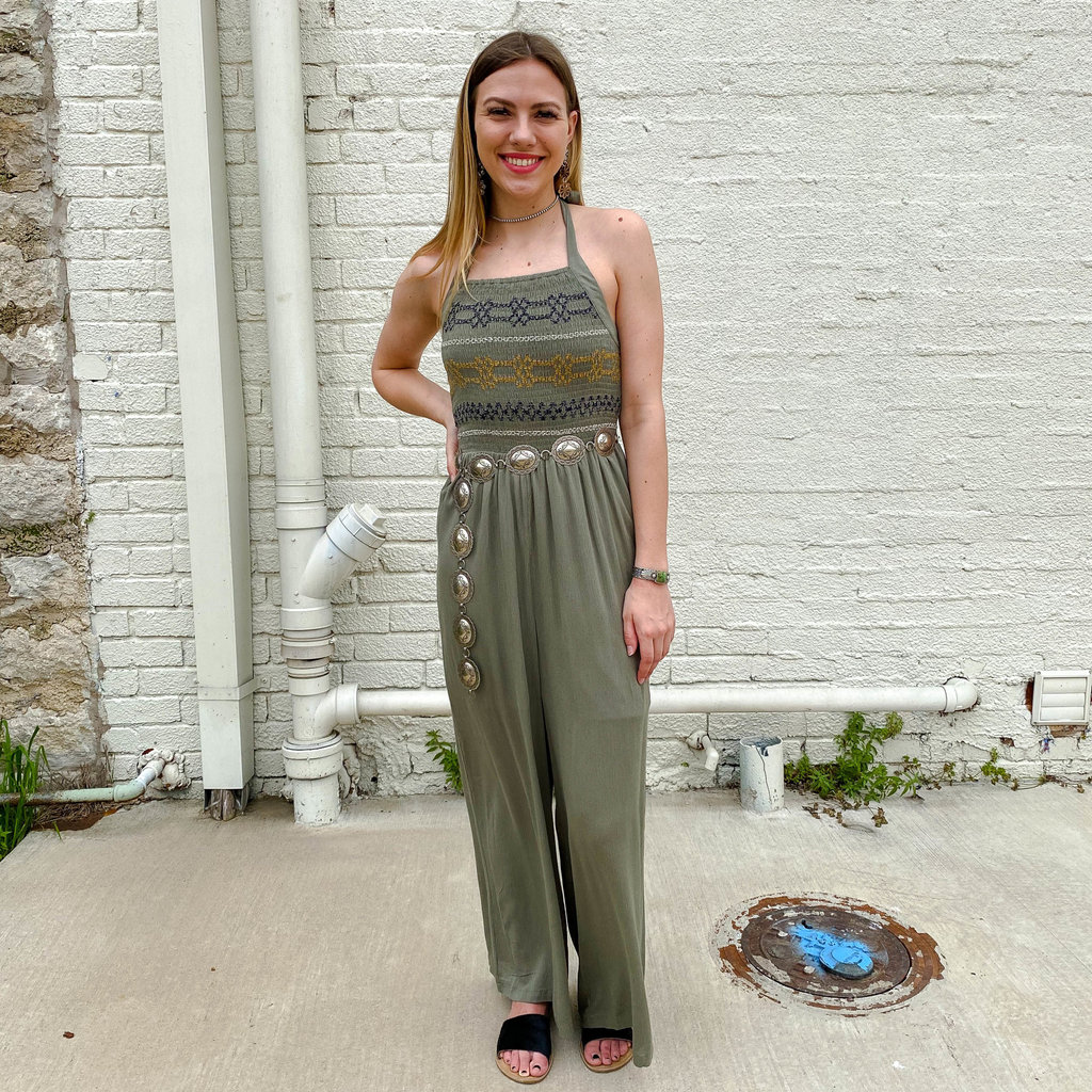 green halter neck jumpsuit