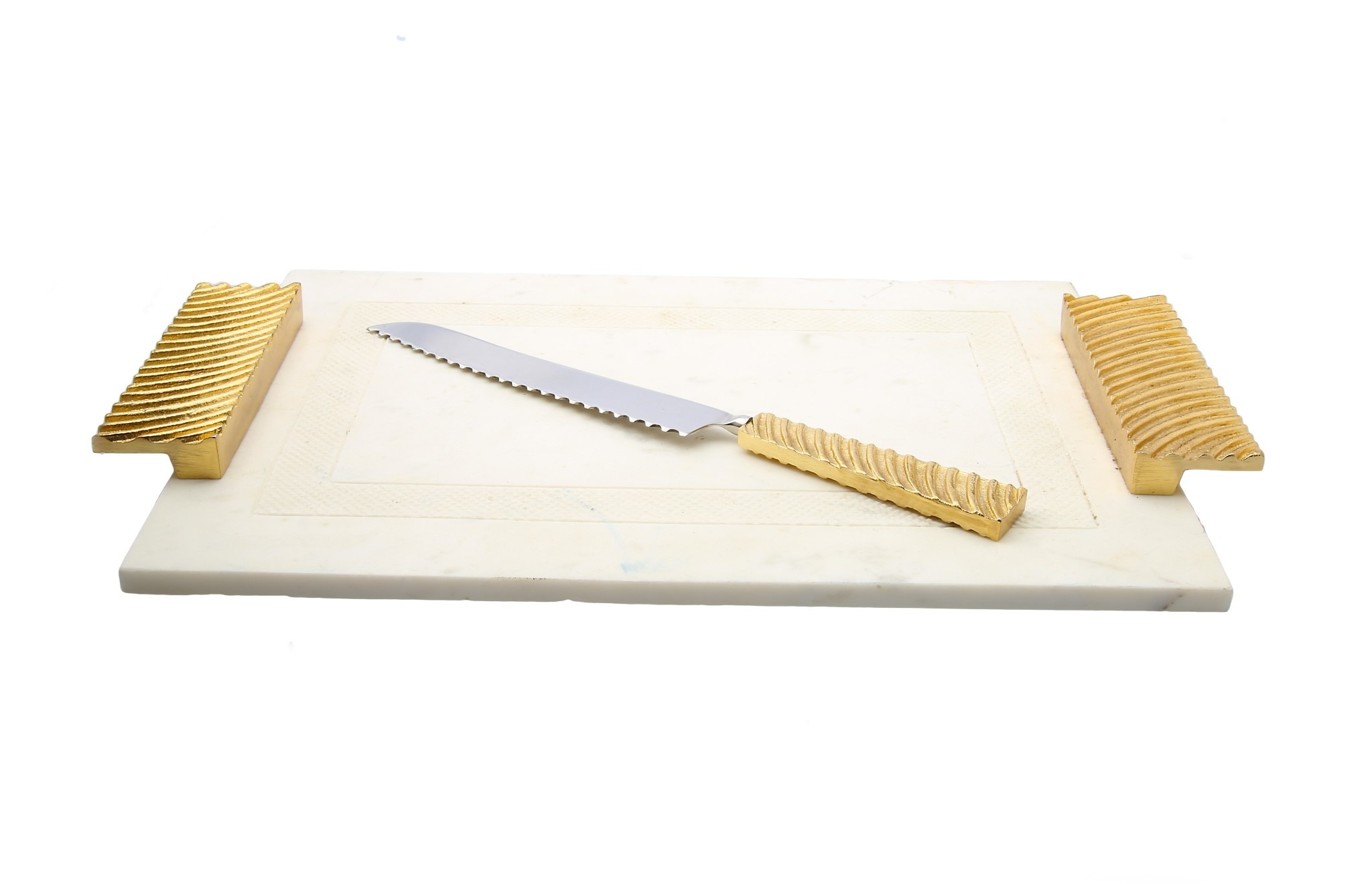 White marble challah Board w Gold Wave Handle
