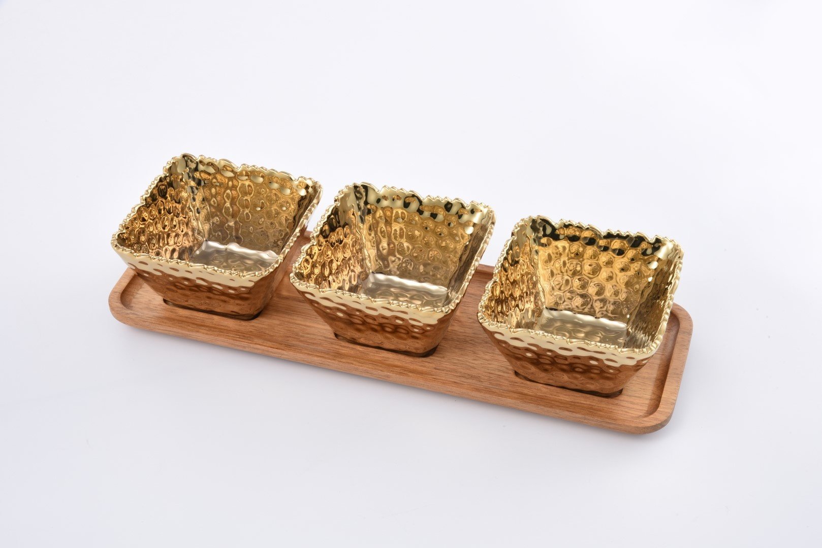 3 Gold Square Bowls with Wood Tray