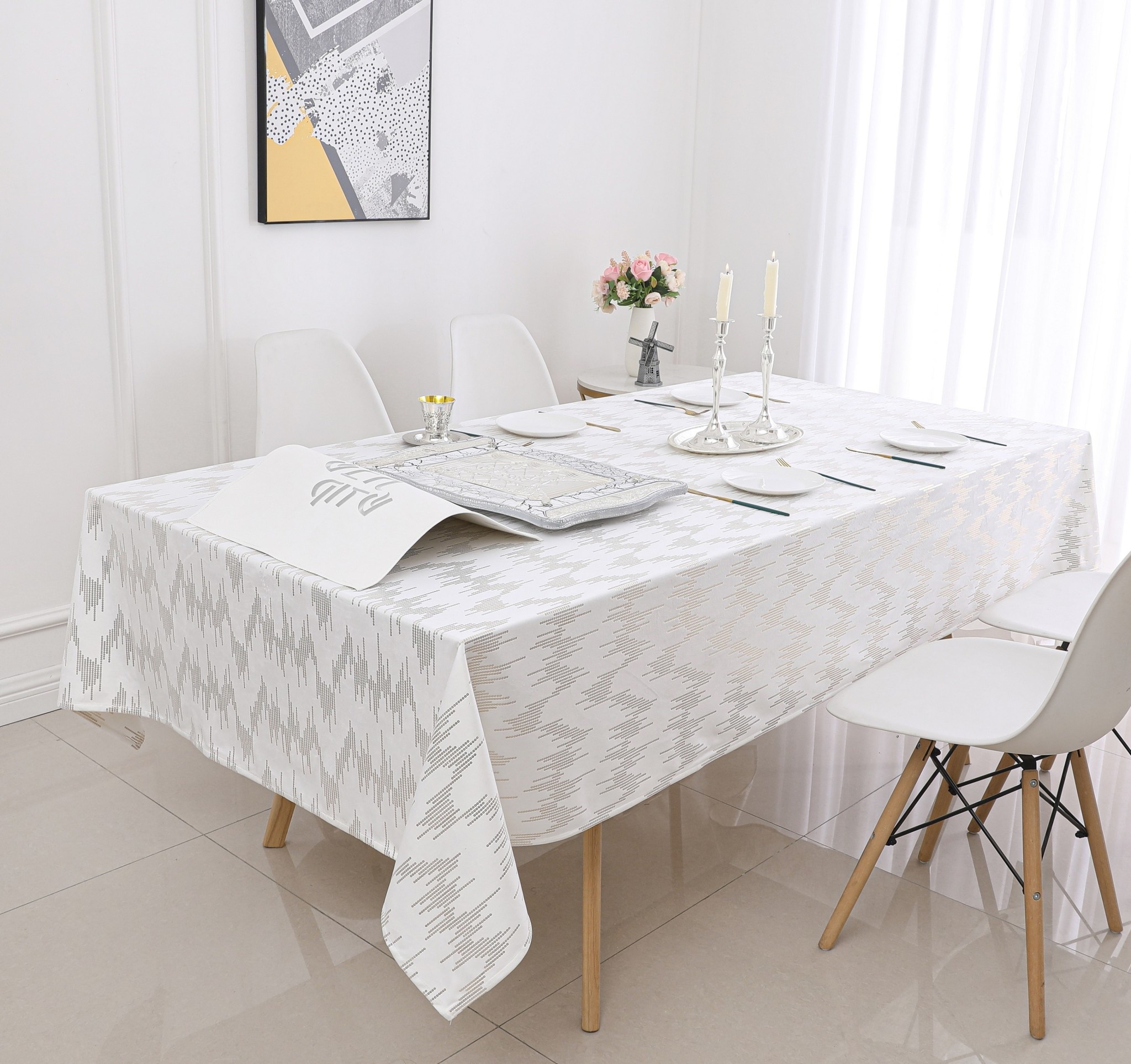 TC1400- 70 x 144 White Dotted Gold Foil Print Tablecloth
