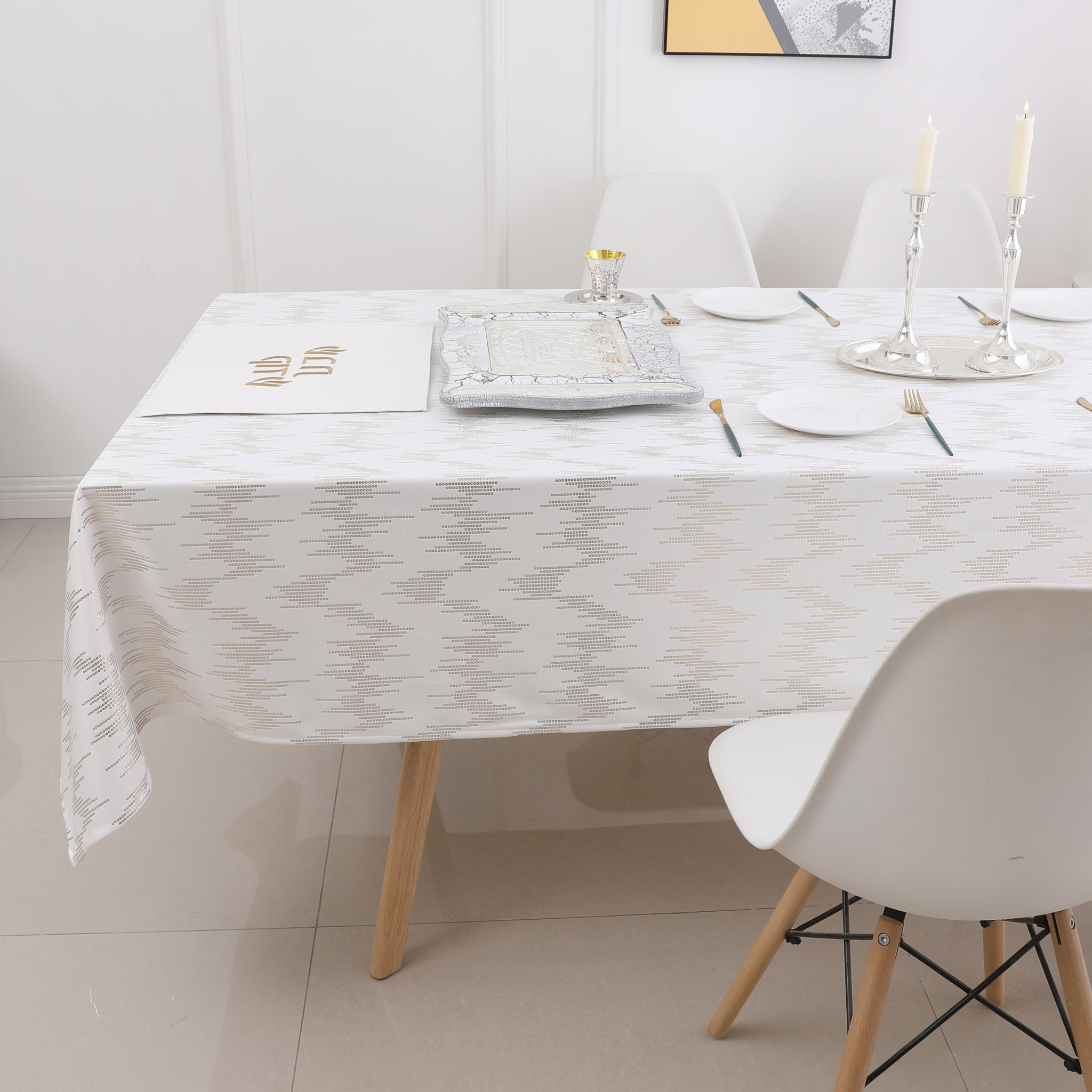 TC1400- 70 x 144 White Dotted Gold Foil Print Tablecloth