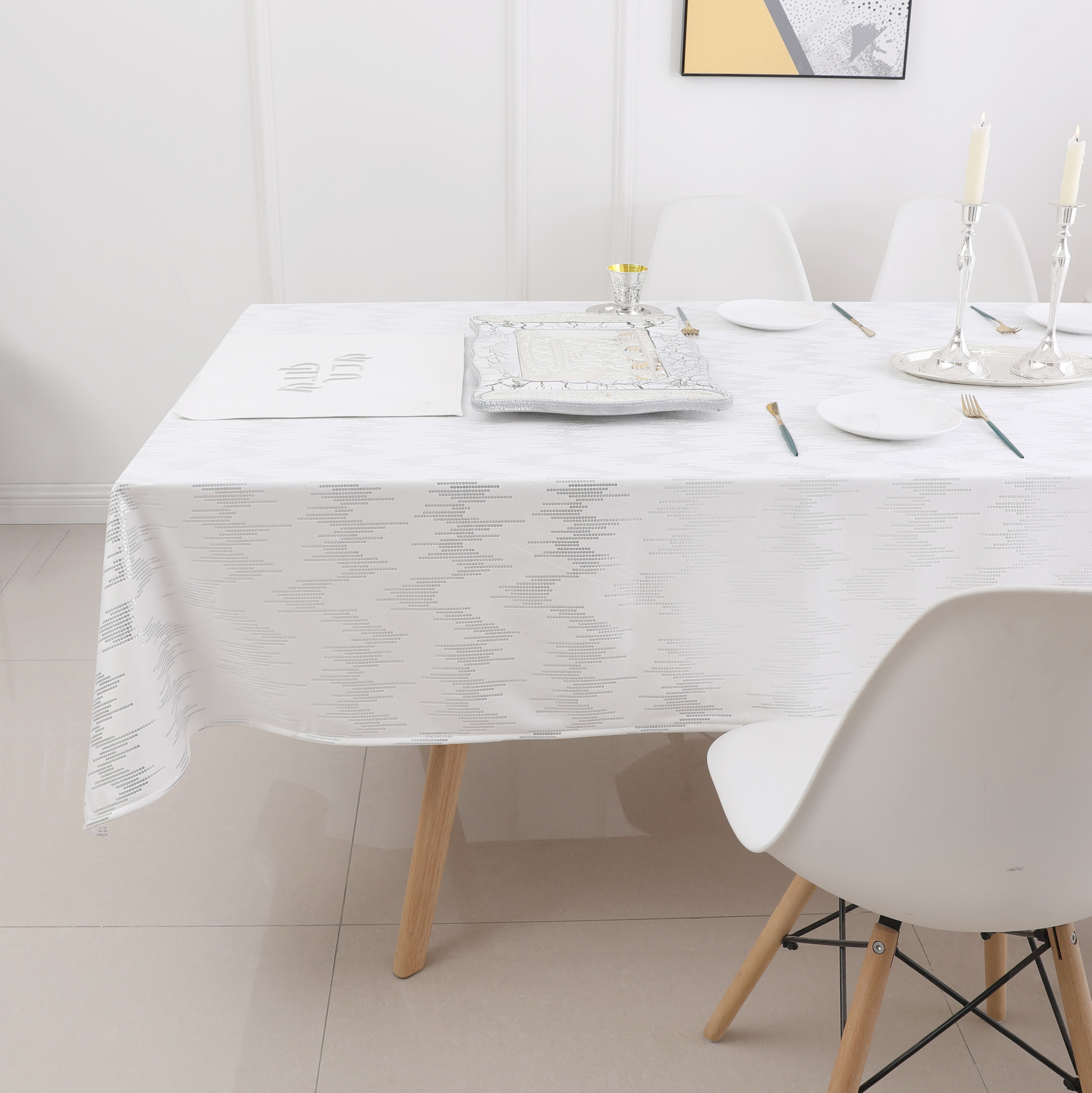 TC1401- 70 x 160  White Dotted Silver Foil Print Tablecloth