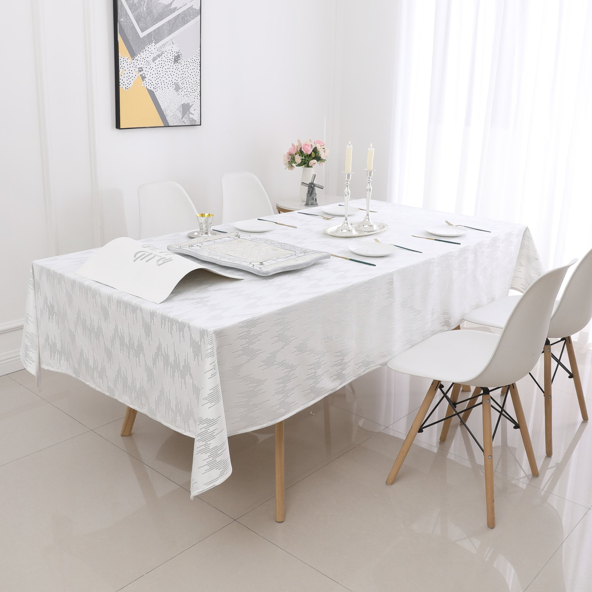 TC1401- 70 x 120 White Dotted Silver Foil Print Tablecloth
