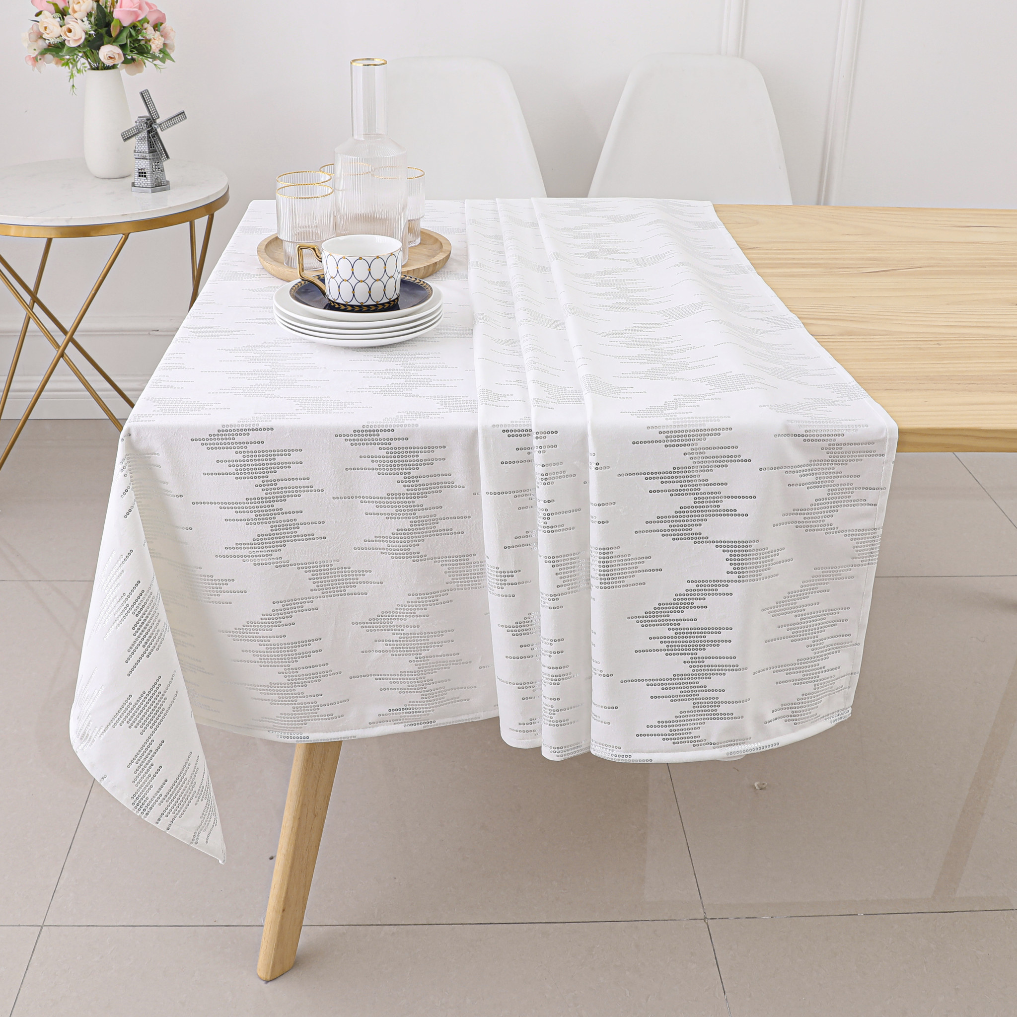 TC1401- 70 x 144  White Dotted Silver Foil Print Tablecloth