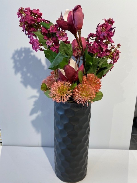 Ceramic Black Vase With Maroon Flowers