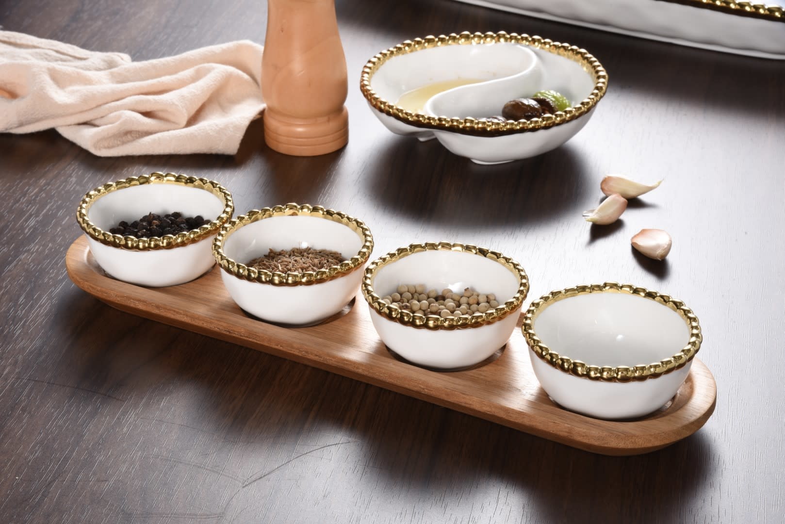 Gold Beaded Round Bowls with Wood Tray