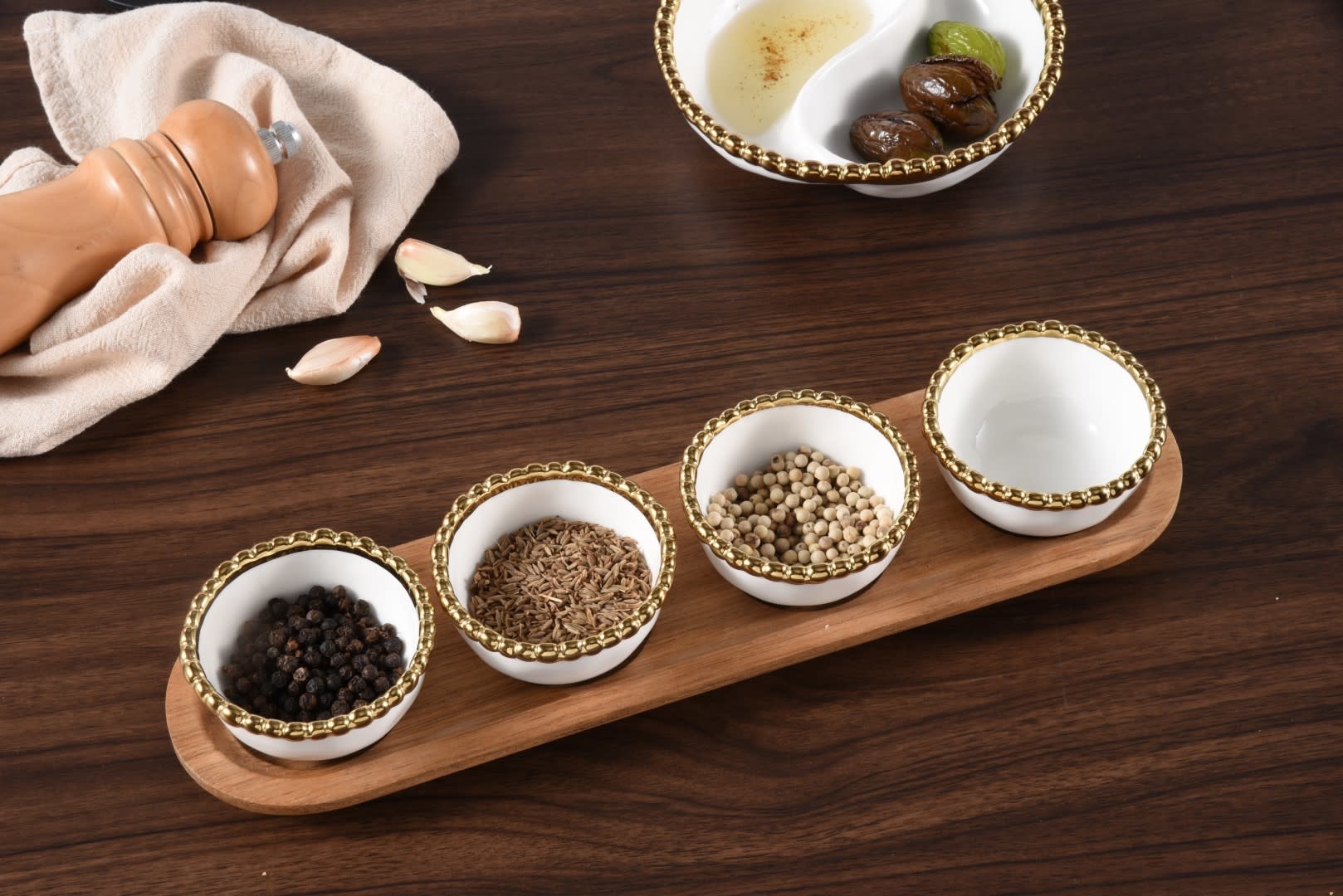 Gold Beaded Round Bowls with Wood Tray