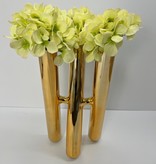 Three Gold Tube Vase with Green Hydrangeas