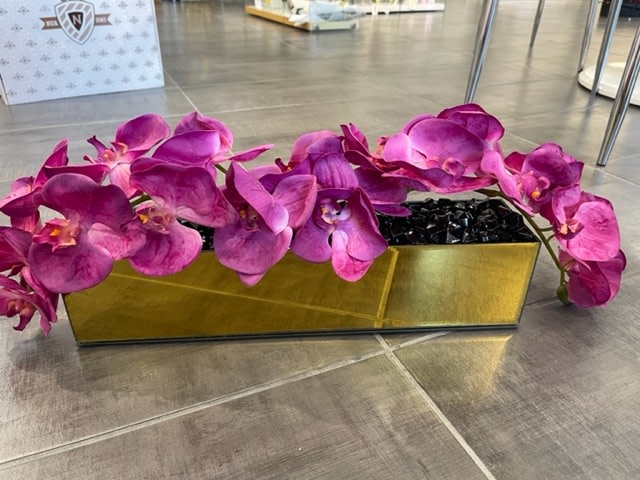 18" Gold Mirror Vase with Arched Fuschia Orchids