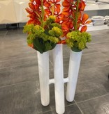 Three White Tube Vase with Orange/Green Flowers