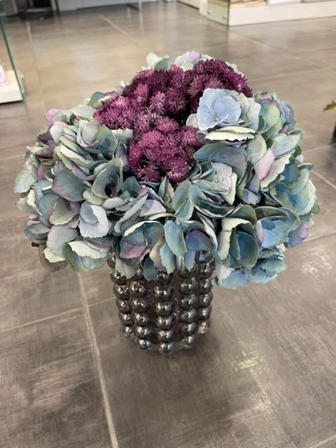 Grey Bubbly Vase with Blue Hydrangeas