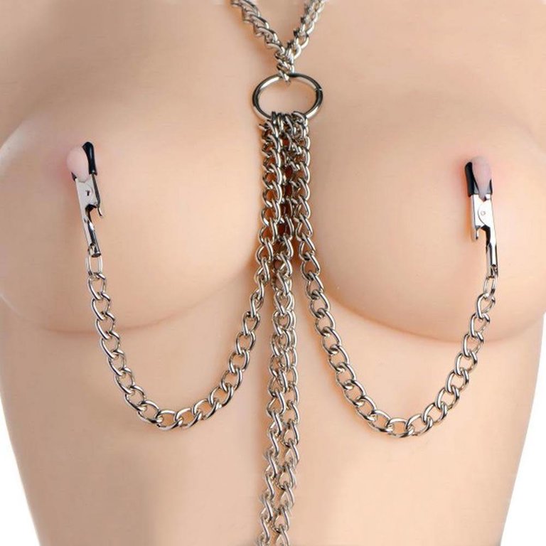 XR Brand Chained Collar With Nipple and Clit Clamps - Silver