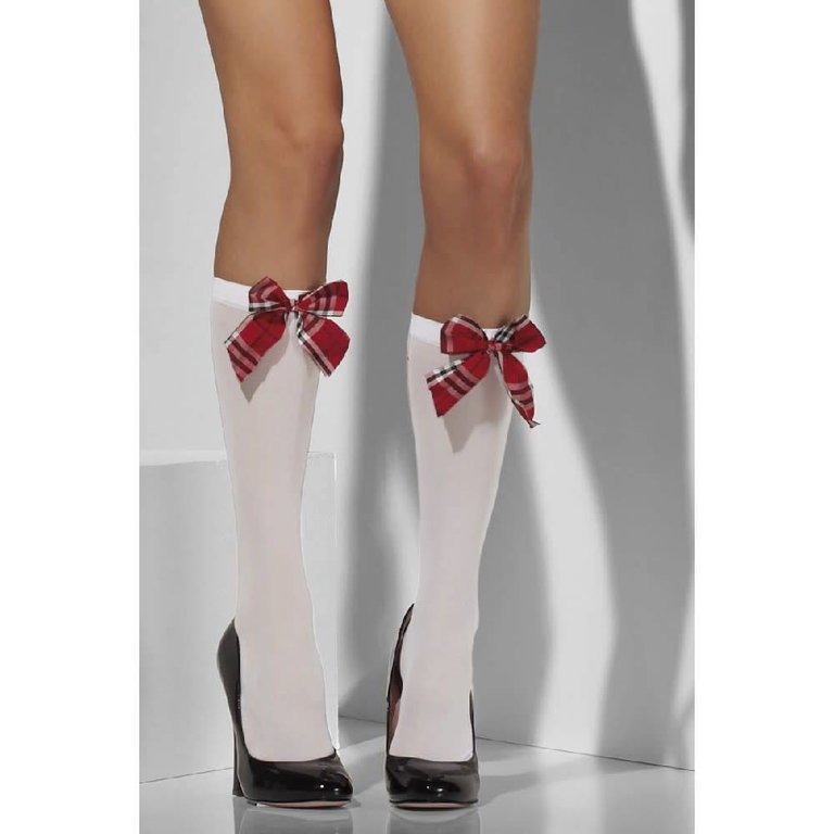 Fever/Smiffys Opaque Knee High Socks - White With Tartan Bow