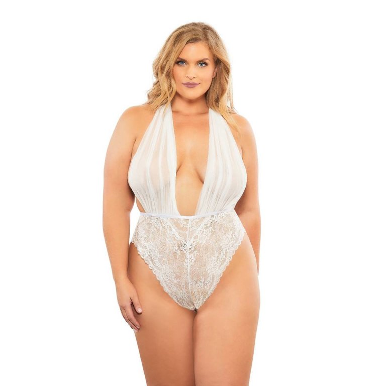 Oh La La Cheri Mesh Plunge Halter Teddy - Curvy