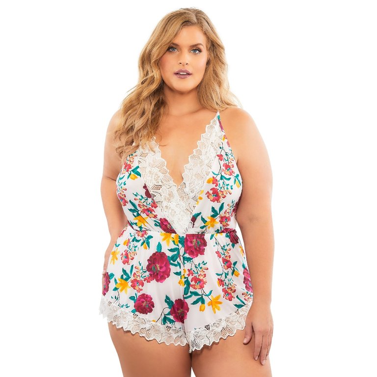 Oh La La Cheri Floral Printed Romper with Lace - Curvy