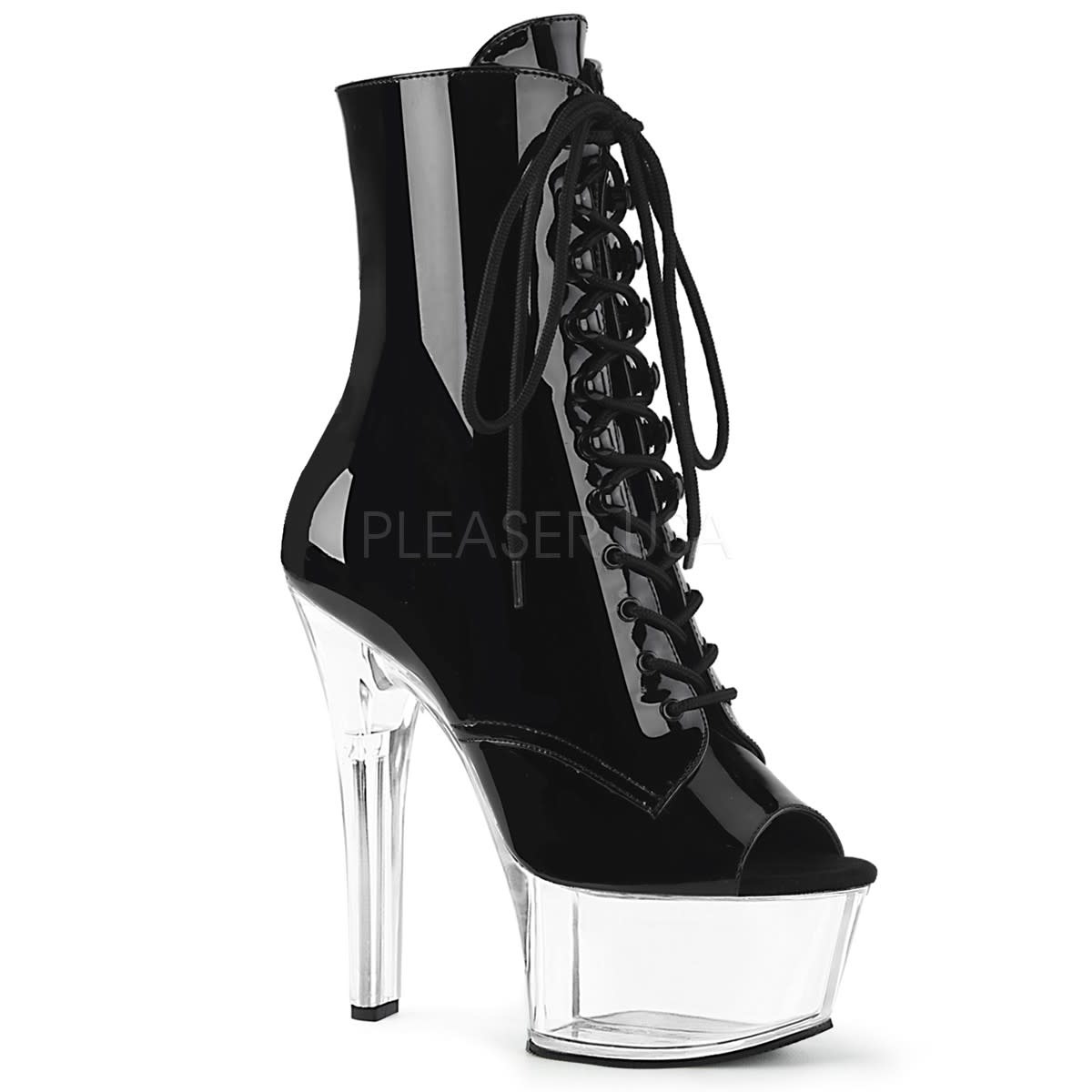 Transparent Black Lace Up PU Peep Toe Glass High Heels Boots