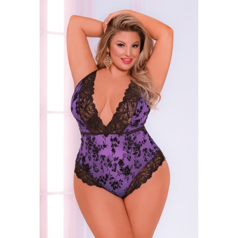 Seven 'til Midnight Flocked Mesh and Lace Teddy - Curvy