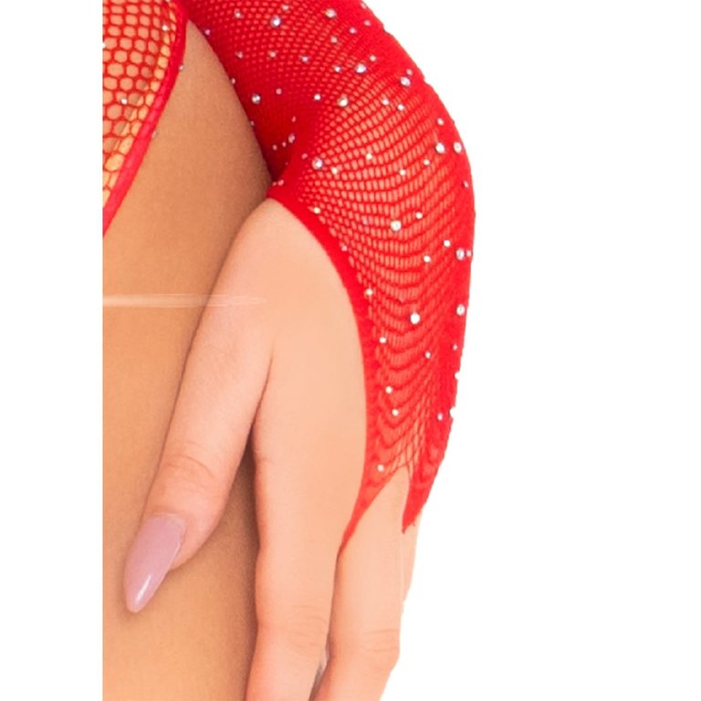 Leg Avenue Crystalized Long Sleeve Fishnet Bodysuit - Red