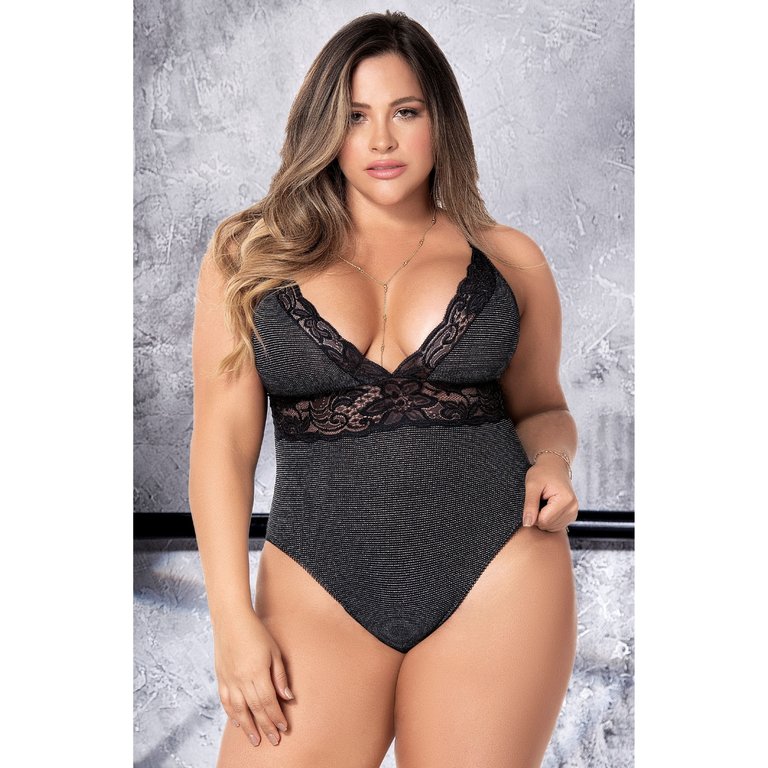 Mapale Lace and Shimmer Ribbed Knit Teddy - Curvy