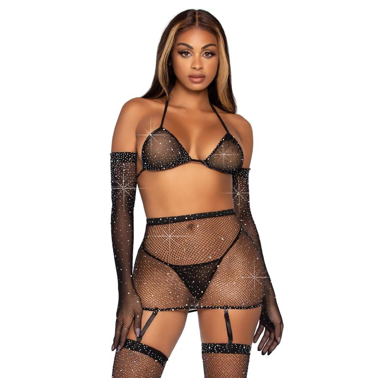 Leg Avenue Black Rhinestone Fishnet Five Piece Set - One Size Fits Most