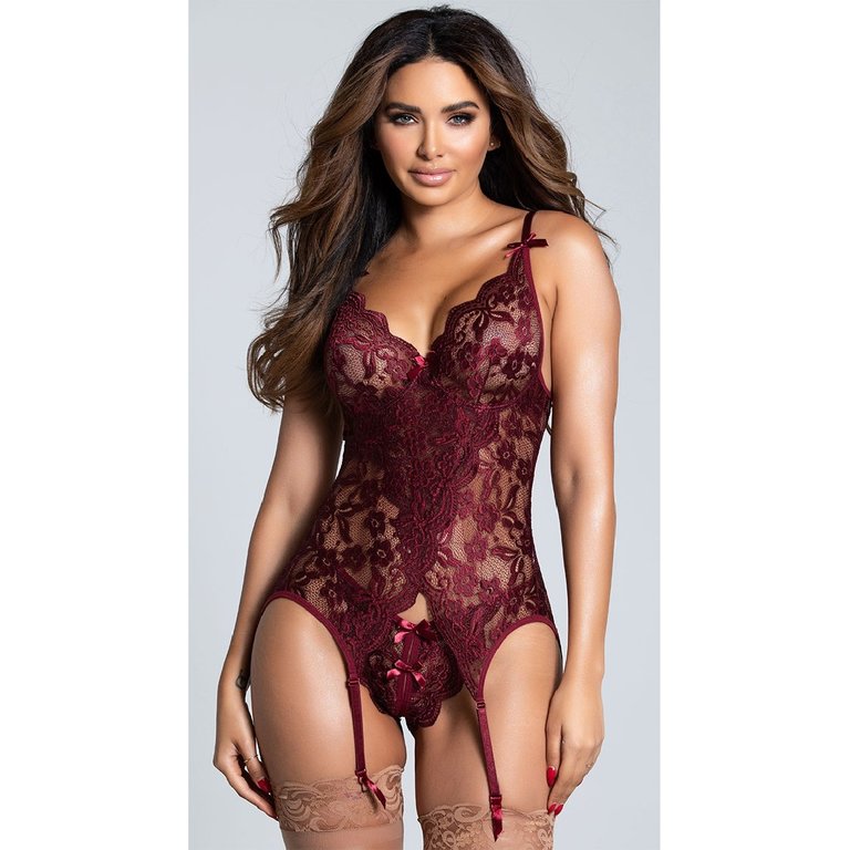 Oh La La Cheri Zinfandel Scalloped Lace and Bows Bustier Set