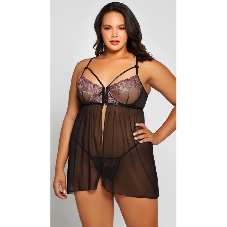 iCollection Floral Embroidery Flyaway Babydoll - Curvy