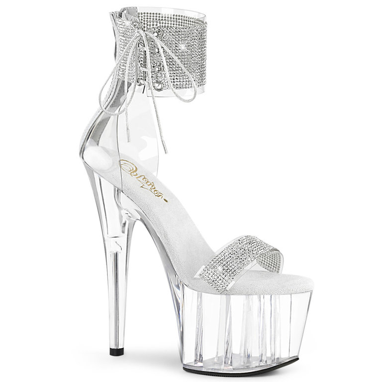 Pleaser 7" Rhinestone Ankle Cuff White Insole 2 3/4" Clear Heel Platform