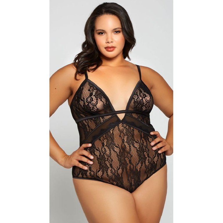 iCollection Black Soft Cup Sheer Lace Teddy - Curvy