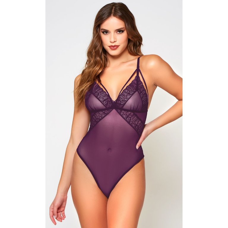 Glitter Plum Sheer Mesh and Lace Teddy