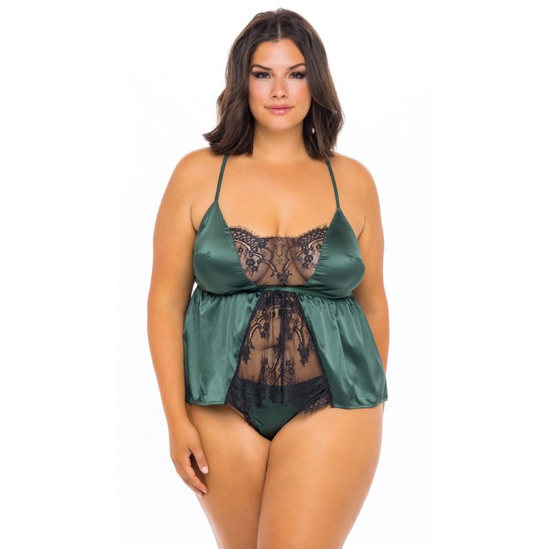 Oh La La Cheri Satin and Eyelash Lace Cami Babydoll Set - Curvy