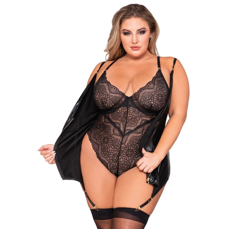 Dreamgirl Faux Leather Double Layer Teddy and Garter Slip - Curvy
