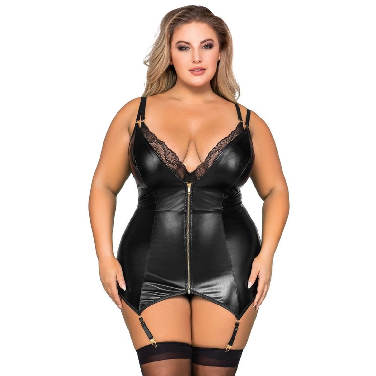 Dreamgirl Faux Leather Double Layer Teddy and Garter Slip - Curvy