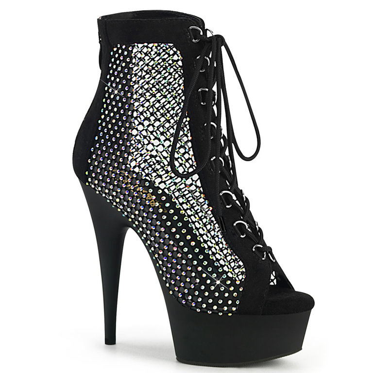 Pleaser 6" Fishnet and Rhinestone Lace-Up Front Ankle Boot