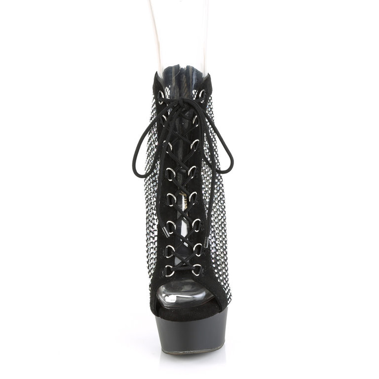 Pleaser 6" Fishnet and Rhinestone Lace-Up Front Ankle Boot