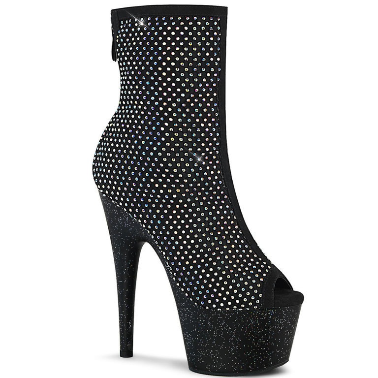 Pleaser 7" Black Rhinestone Mesh Overlay Sparkle Platform Peep Toe Ankle Boot