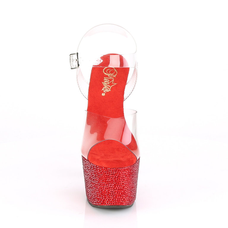 Pleaser 7" Clear Ankle Strap Heel with Red Rhinestone Platform